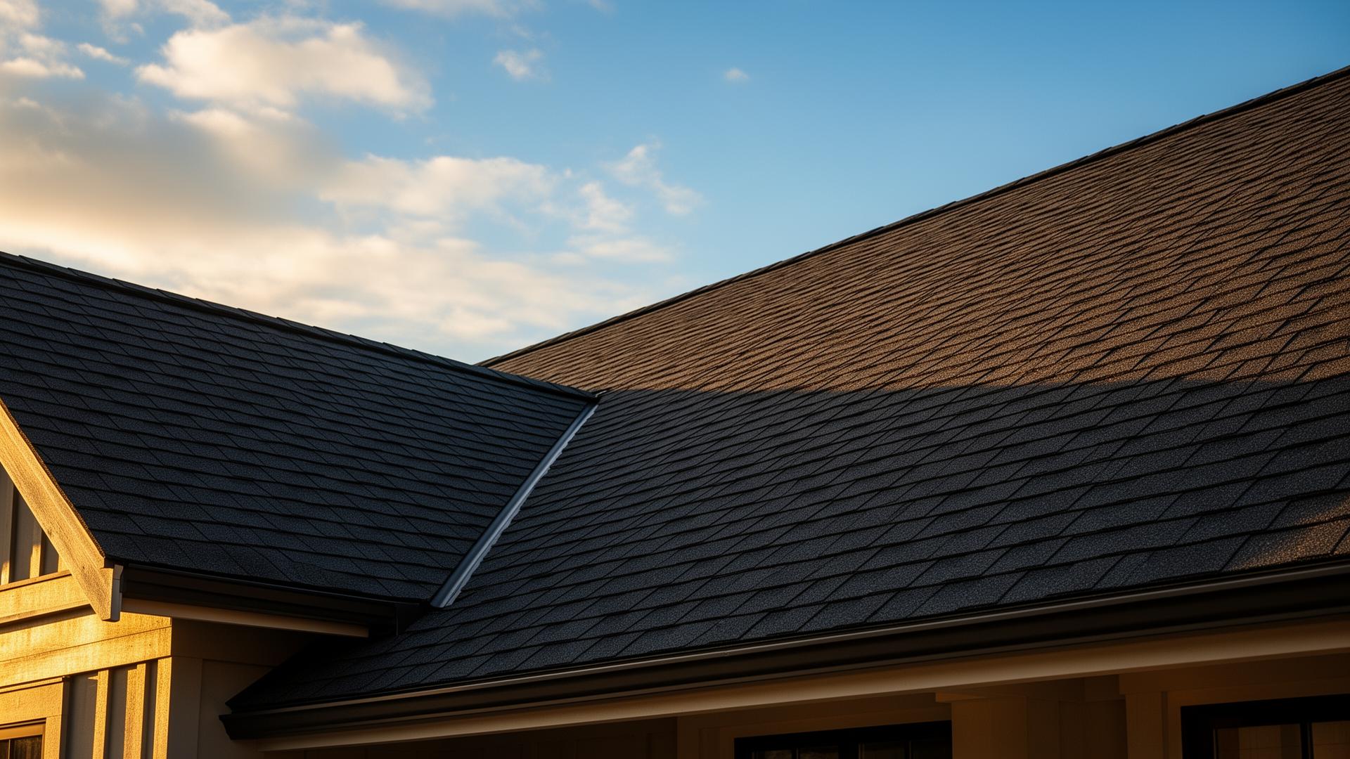 Freshly installed dark shingle roof against a blue sky